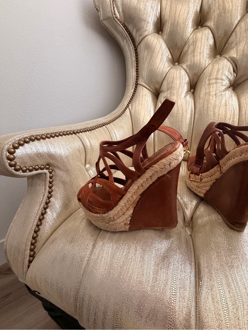 Miu Miu Brown Strappy Wedge Espadrille Heels